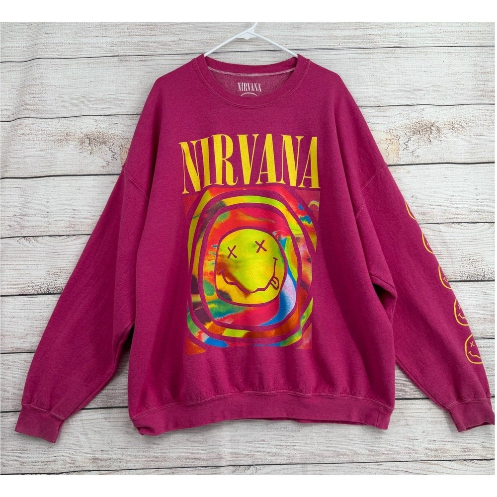 Nirvana Sweatshirt Mens L/XL Pink Psychedelic Smiley Face Graphic Pullover